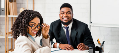 man talking to his  female client